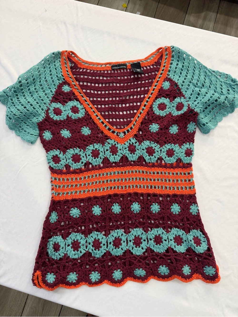 Vintage Y2K Moda International Boho Crochet Knit Top Multicolor - Medium